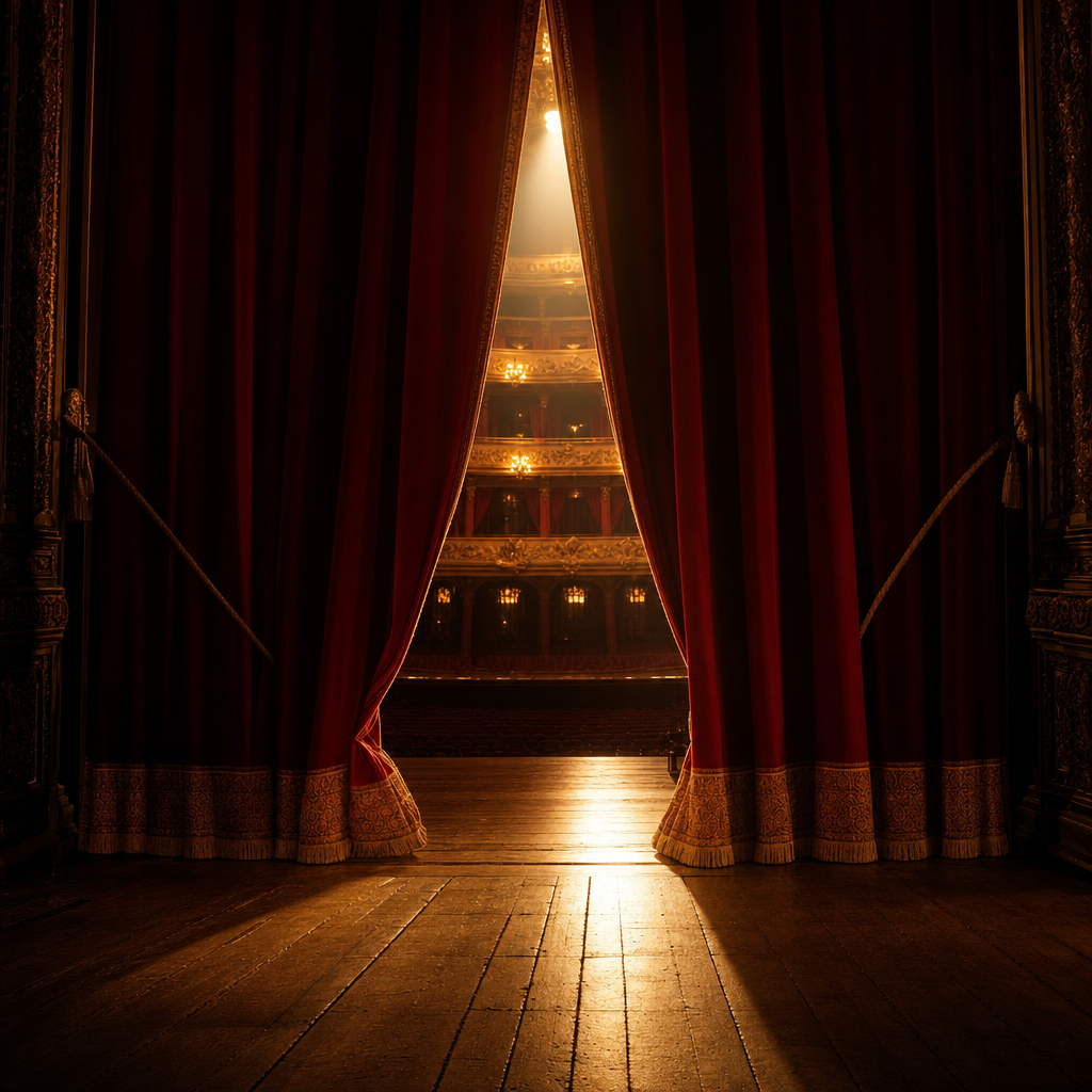 Rideau de théâtre bordeaux entrouvert, faisceau de lumière dorée