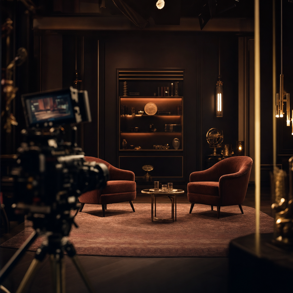 Plateau de tournage avec caméra et fauteuils d'interview