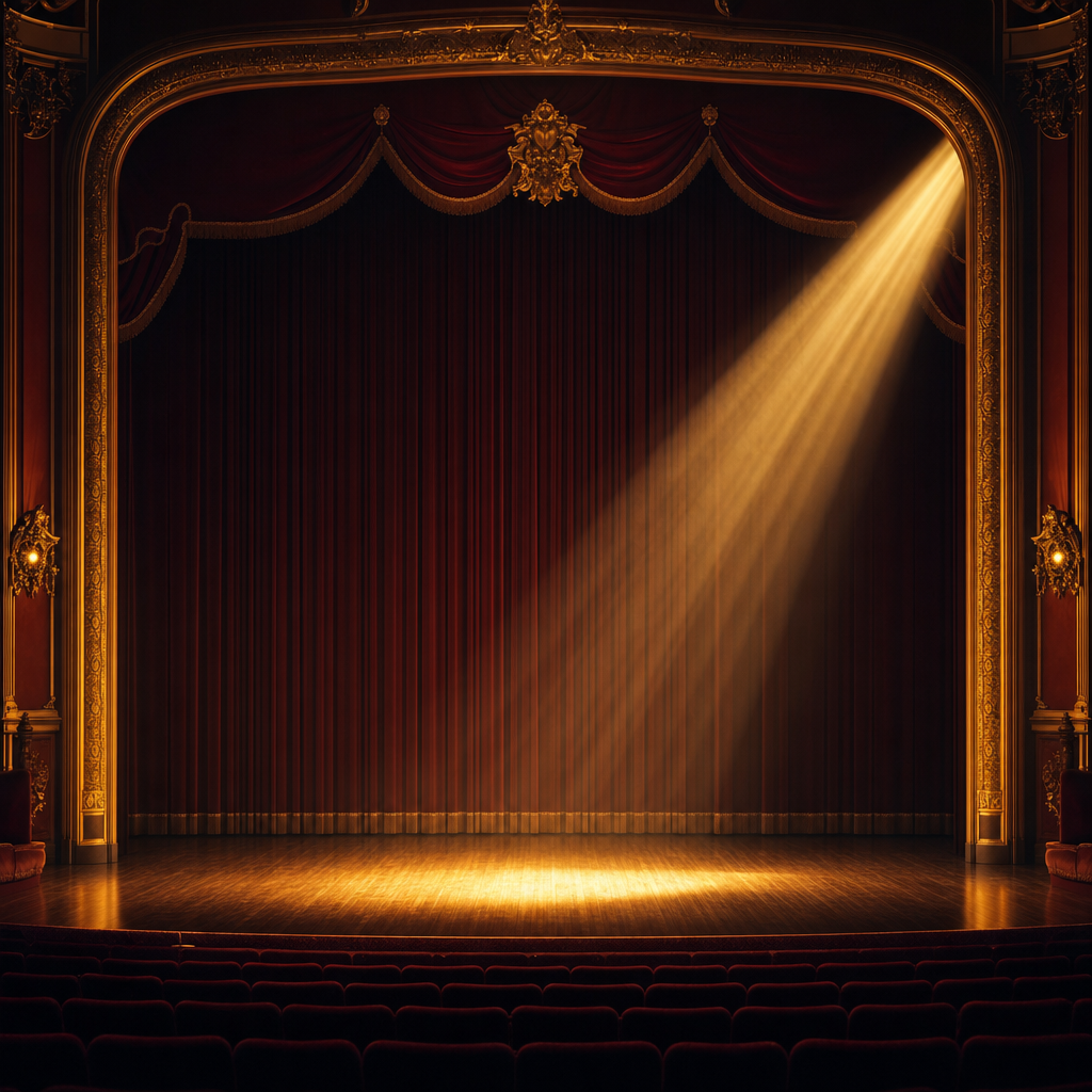 Scène de théâtre à l'italienne avec faisceau de projecteur doré