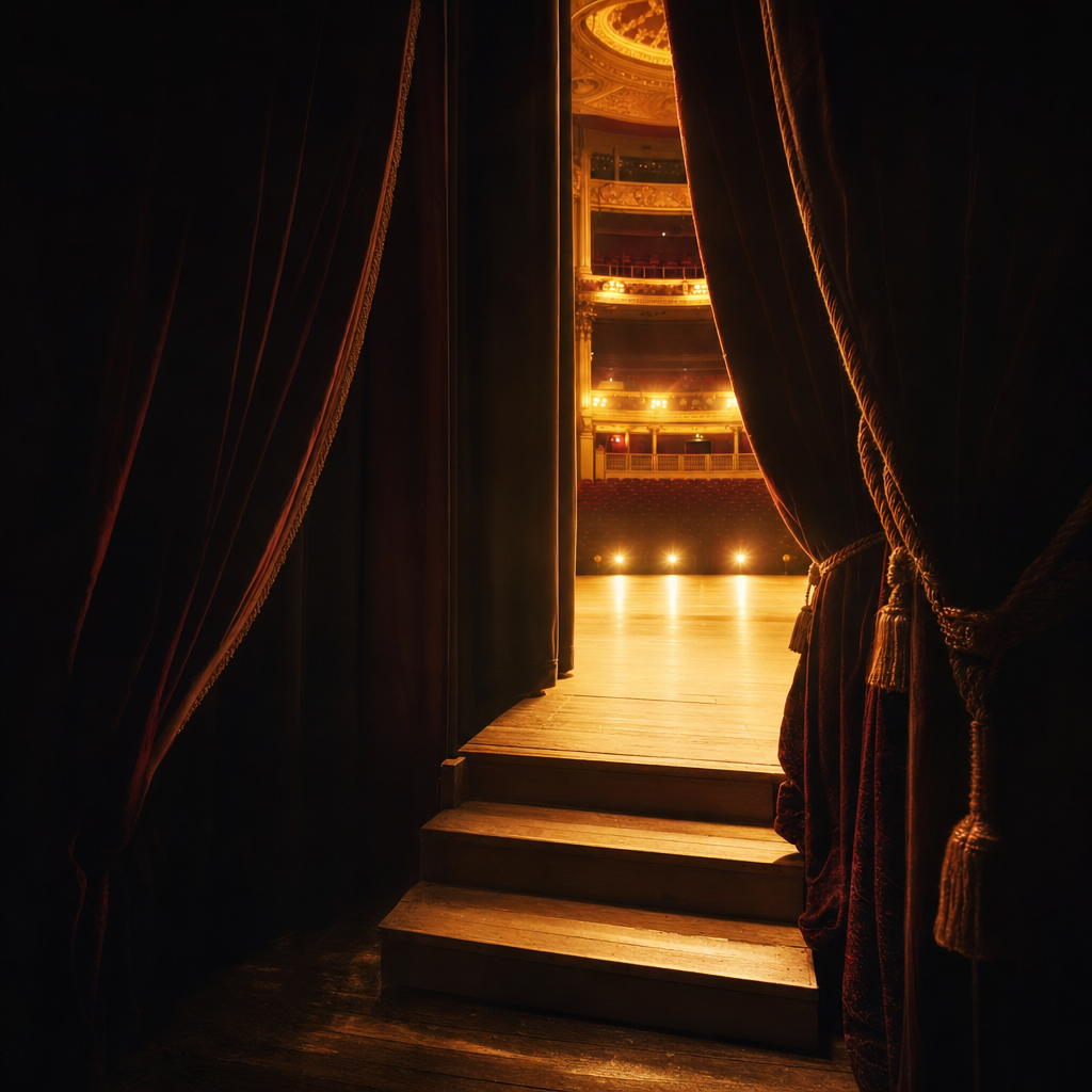 Projecteur sur un rideau de théâtre rouge