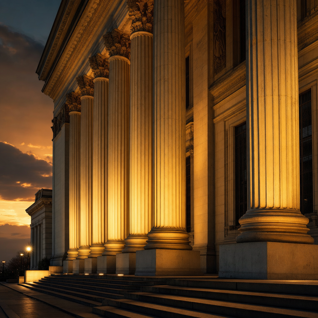 Colonnes solennelles dans une lumière dorée