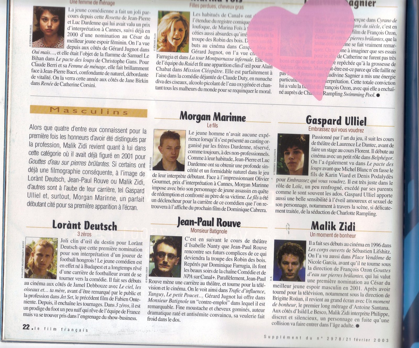 Article du magazine le film français (février 2003) : Gaspard Ulliel a suivi les cours de théâtre de Laurence Le Dantec avant le cours Florent